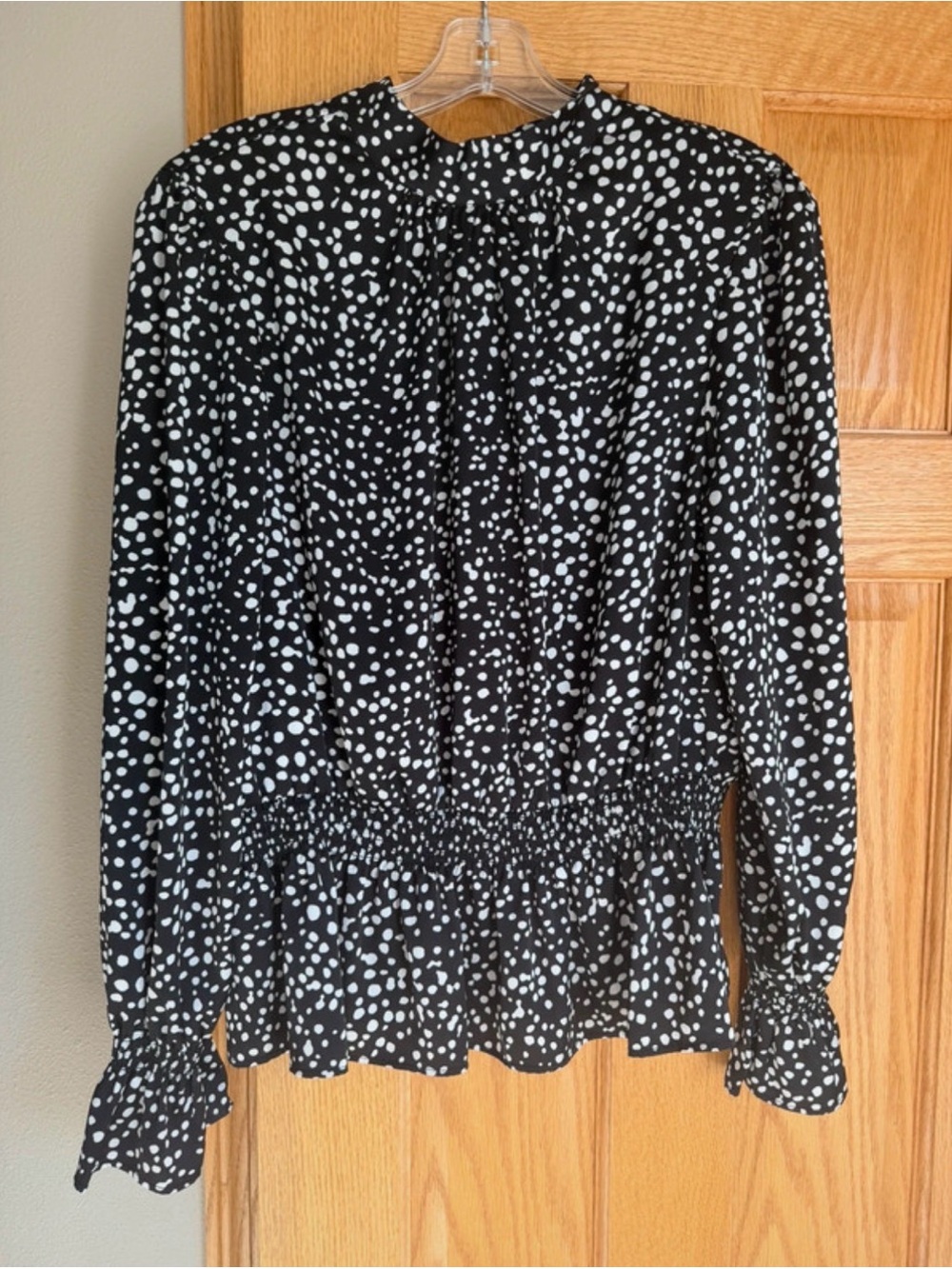 Mock Neck Ruffle Peplum Black White Polka Dot Long Sleeve Shirt Blouse Large